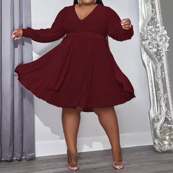 IyMoo Womens Plus Size Cute Shift Dress Belted Ruffle Wrap V Neck Swing Tunic Mini DressSolid Wine Red