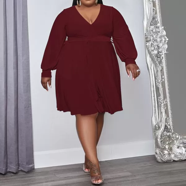IyMoo Womens Plus Size Cute Shift Dress Belted Ruffle Wrap V Neck Swing Tunic Mini DressSolid Wine Red