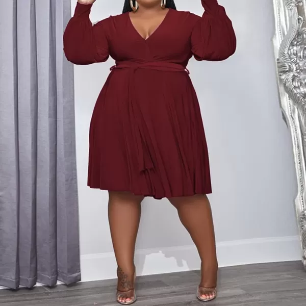 IyMoo Womens Plus Size Cute Shift Dress Belted Ruffle Wrap V Neck Swing Tunic Mini DressSolid Wine Red
