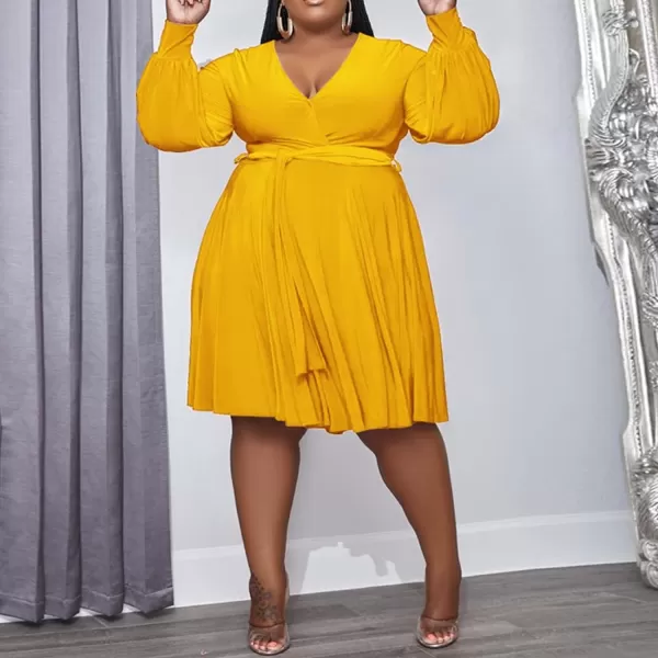 IyMoo Womens Plus Size Cute Shift Dress Belted Ruffle Wrap V Neck Swing Tunic Mini DressSolid Yellow