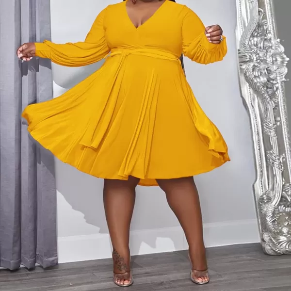 IyMoo Womens Plus Size Cute Shift Dress Belted Ruffle Wrap V Neck Swing Tunic Mini DressSolid Yellow