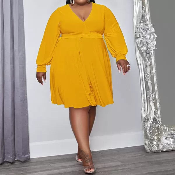 IyMoo Womens Plus Size Cute Shift Dress Belted Ruffle Wrap V Neck Swing Tunic Mini DressSolid Yellow