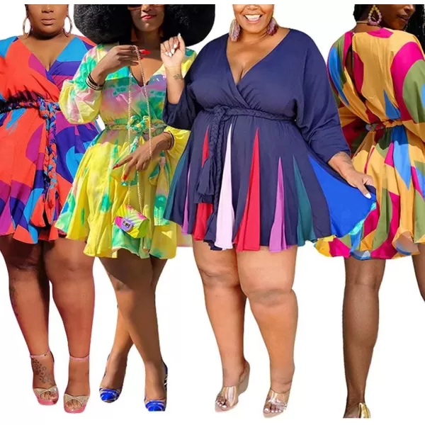 IyMoo Womens Plus Size Cute Shift Dress Belted Ruffle Wrap V Neck Swing Tunic Mini DressYellow