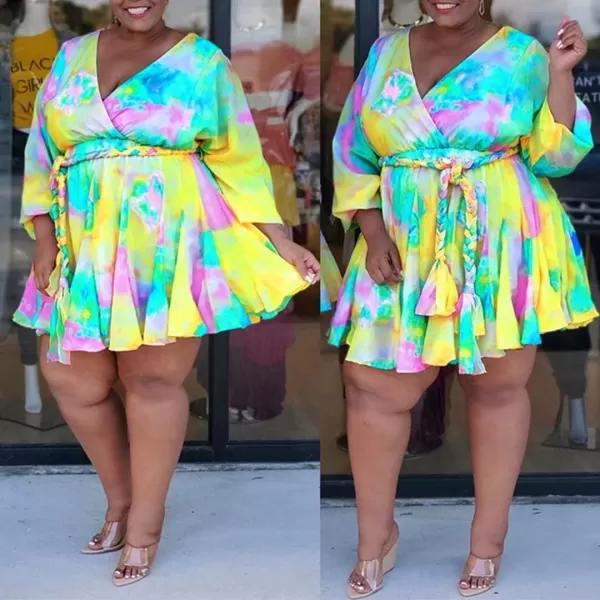 IyMoo Womens Plus Size Cute Shift Dress Belted Ruffle Wrap V Neck Swing Tunic Mini DressYellow