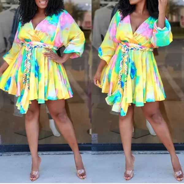 IyMoo Womens Plus Size Cute Shift Dress Belted Ruffle Wrap V Neck Swing Tunic Mini DressYellow