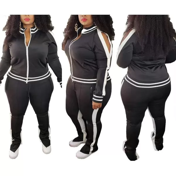 IyMoo Womens Plus Size Jogging Suits Tracksuits Two Piece Stripe Cold Shoulder Sweatshirt amp Long Pants Sweat Suits SetsBlack