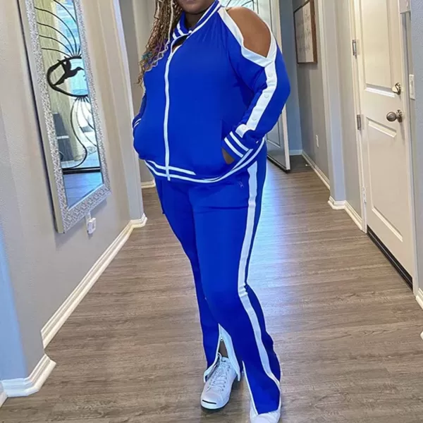 IyMoo Womens Plus Size Jogging Suits Tracksuits Two Piece Stripe Cold Shoulder Sweatshirt amp Long Pants Sweat Suits SetsBlue