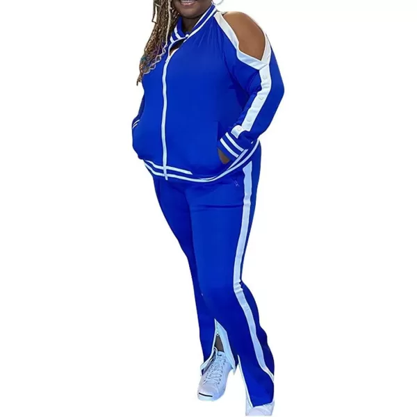 IyMoo Womens Plus Size Jogging Suits Tracksuits Two Piece Stripe Cold Shoulder Sweatshirt amp Long Pants Sweat Suits SetsBlue