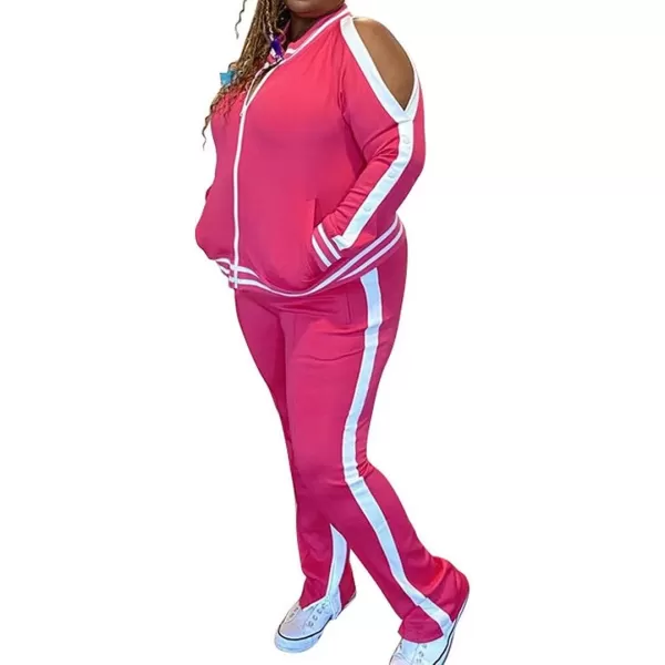 IyMoo Womens Plus Size Jogging Suits Tracksuits Two Piece Stripe Cold Shoulder Sweatshirt amp Long Pants Sweat Suits SetsRose Red