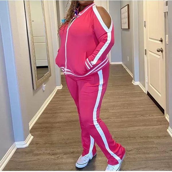 IyMoo Womens Plus Size Jogging Suits Tracksuits Two Piece Stripe Cold Shoulder Sweatshirt amp Long Pants Sweat Suits SetsRose Red