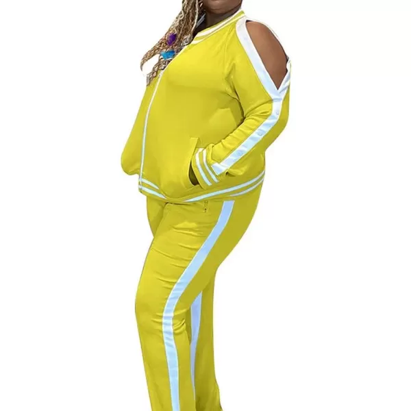 IyMoo Womens Plus Size Jogging Suits Tracksuits Two Piece Stripe Cold Shoulder Sweatshirt amp Long Pants Sweat Suits SetsYellow