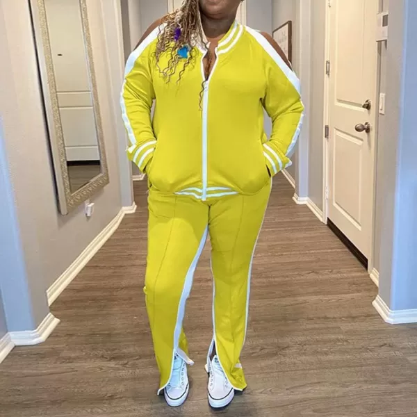 IyMoo Womens Plus Size Jogging Suits Tracksuits Two Piece Stripe Cold Shoulder Sweatshirt amp Long Pants Sweat Suits SetsYellow