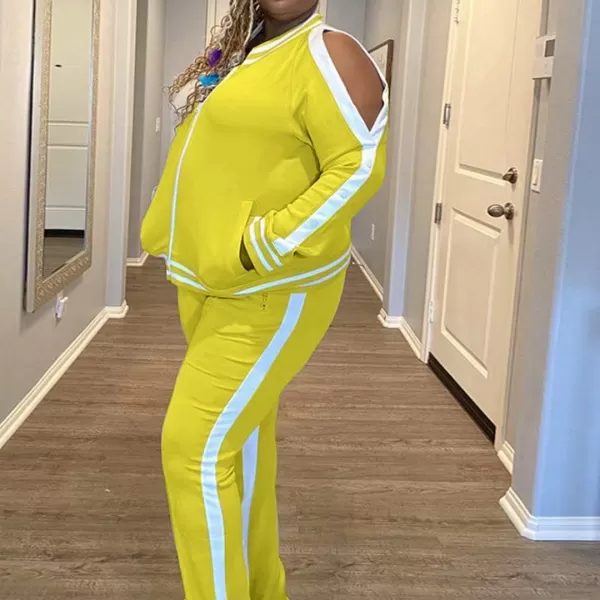 IyMoo Womens Plus Size Jogging Suits Tracksuits Two Piece Stripe Cold Shoulder Sweatshirt amp Long Pants Sweat Suits SetsYellow