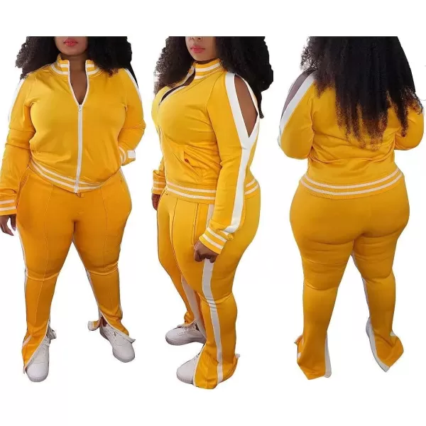 IyMoo Womens Plus Size Jogging Suits Tracksuits Two Piece Stripe Cold Shoulder Sweatshirt amp Long Pants Sweat Suits SetsYellow2