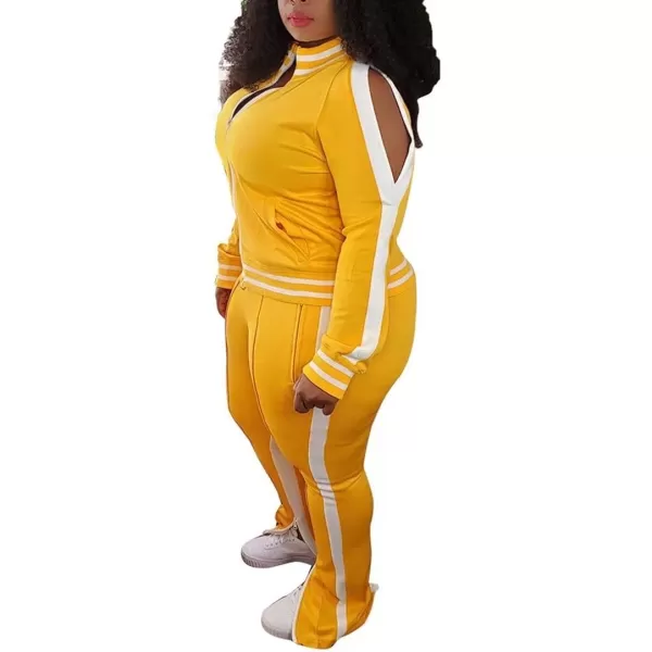 IyMoo Womens Plus Size Jogging Suits Tracksuits Two Piece Stripe Cold Shoulder Sweatshirt amp Long Pants Sweat Suits SetsYellow2