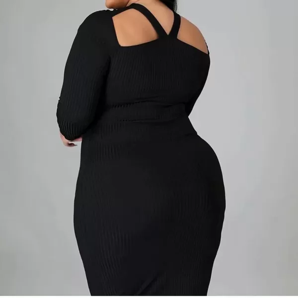 IyMoo Womens Plus Size Sexy Stretchable Long Sleeve Hollow Out Crisscross Sweater Knit Slim Fit Midi DressBlack