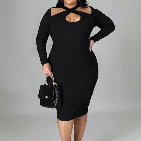 IyMoo Womens Plus Size Sexy Stretchable Long Sleeve Hollow Out Crisscross Sweater Knit Slim Fit Midi DressBlack