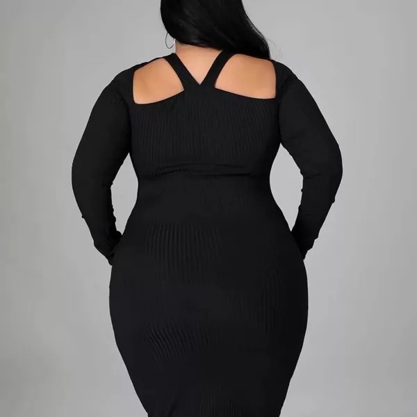 IyMoo Womens Plus Size Sexy Stretchable Long Sleeve Hollow Out Crisscross Sweater Knit Slim Fit Midi DressBlack