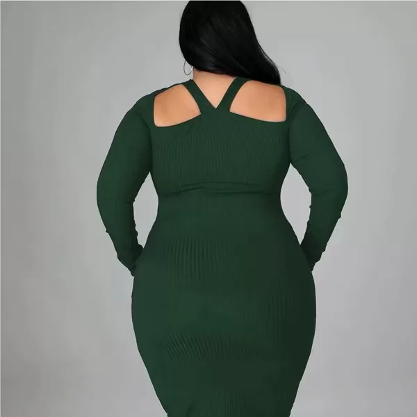 IyMoo Womens Plus Size Sexy Stretchable Long Sleeve Hollow Out Crisscross Sweater Knit Slim Fit Midi DressGreen