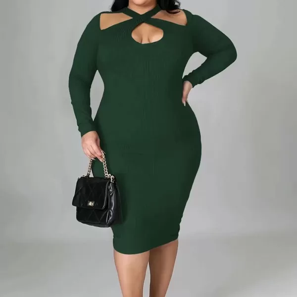 IyMoo Womens Plus Size Sexy Stretchable Long Sleeve Hollow Out Crisscross Sweater Knit Slim Fit Midi DressGreen