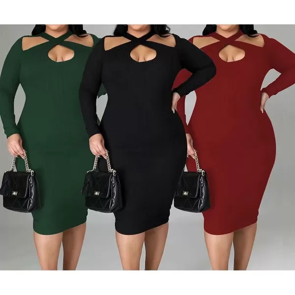 IyMoo Womens Plus Size Sexy Stretchable Long Sleeve Hollow Out Crisscross Sweater Knit Slim Fit Midi DressWine Red