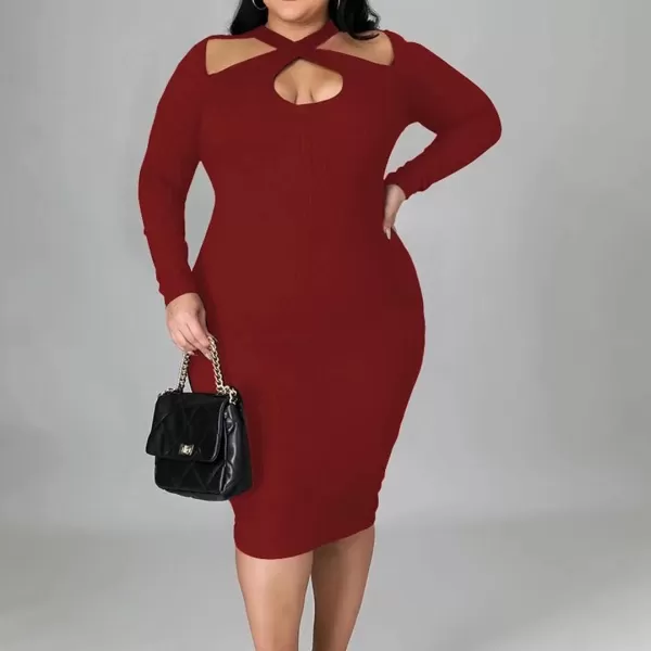 IyMoo Womens Plus Size Sexy Stretchable Long Sleeve Hollow Out Crisscross Sweater Knit Slim Fit Midi DressWine Red