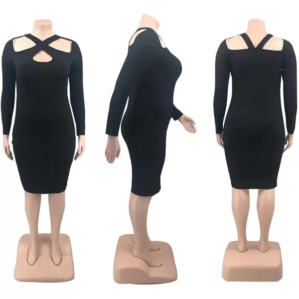 IyMoo Womens Plus Size Sexy Stretchable Long Sleeve Hollow Out Crisscross Sweater Knit Slim Fit Midi DressWine Red