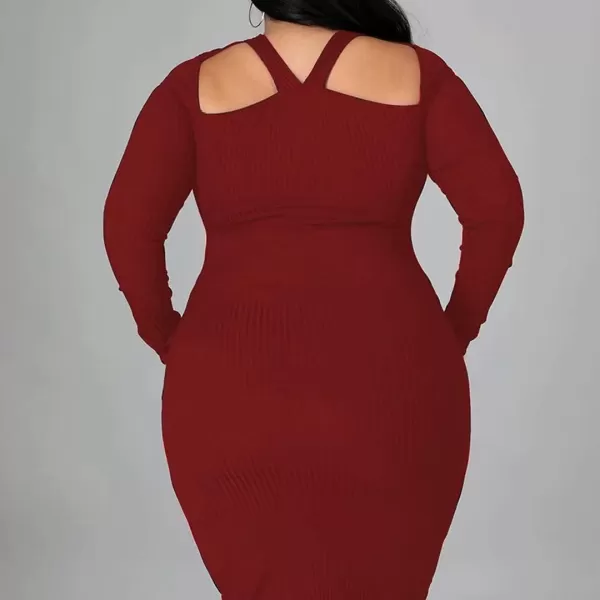 IyMoo Womens Plus Size Sexy Stretchable Long Sleeve Hollow Out Crisscross Sweater Knit Slim Fit Midi DressWine Red