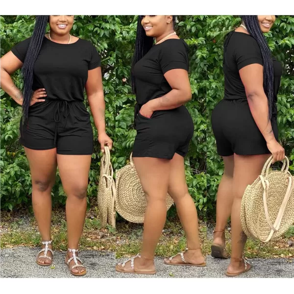 IyMoo Womens Plus Size Summer Solid Jumpsuit Casual Loose Short Sleeve Jumpsuit Rompers with Pockets Elastic Waist PlaysuitBlack Solid