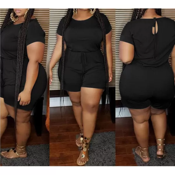 IyMoo Womens Plus Size Summer Solid Jumpsuit Casual Loose Short Sleeve Jumpsuit Rompers with Pockets Elastic Waist PlaysuitBlack Solid