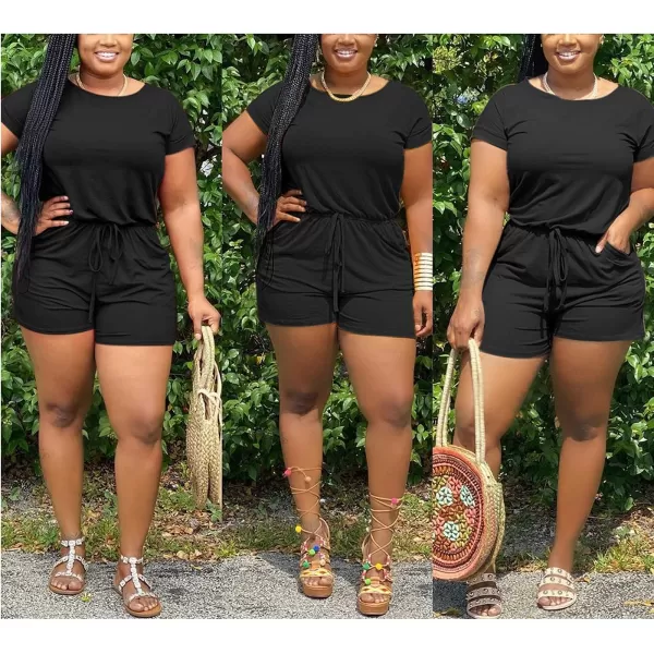 IyMoo Womens Plus Size Summer Solid Jumpsuit Casual Loose Short Sleeve Jumpsuit Rompers with Pockets Elastic Waist PlaysuitBlack Solid