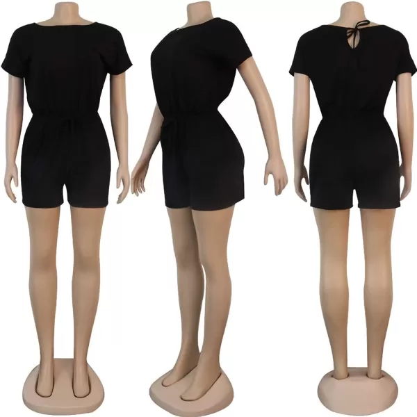IyMoo Womens Plus Size Summer Solid Jumpsuit Casual Loose Short Sleeve Jumpsuit Rompers with Pockets Elastic Waist PlaysuitBlack Solid