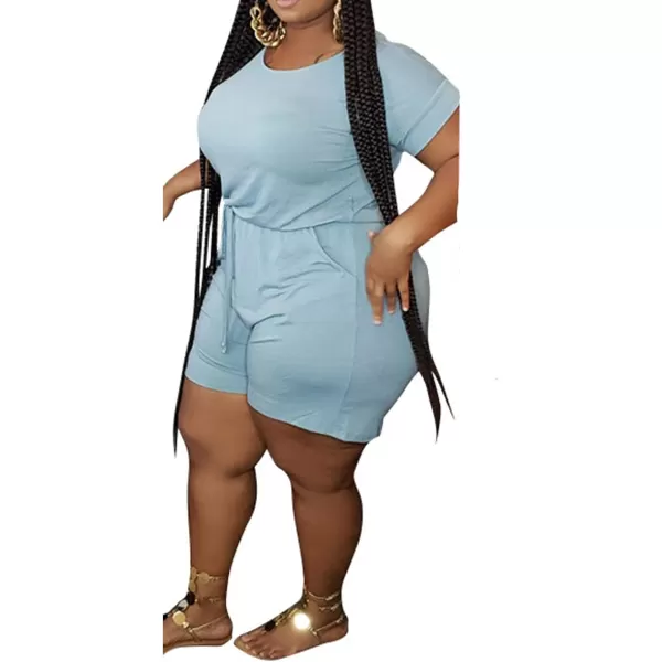 IyMoo Womens Plus Size Summer Solid Jumpsuit Casual Loose Short Sleeve Jumpsuit Rompers with Pockets Elastic Waist PlaysuitBlue