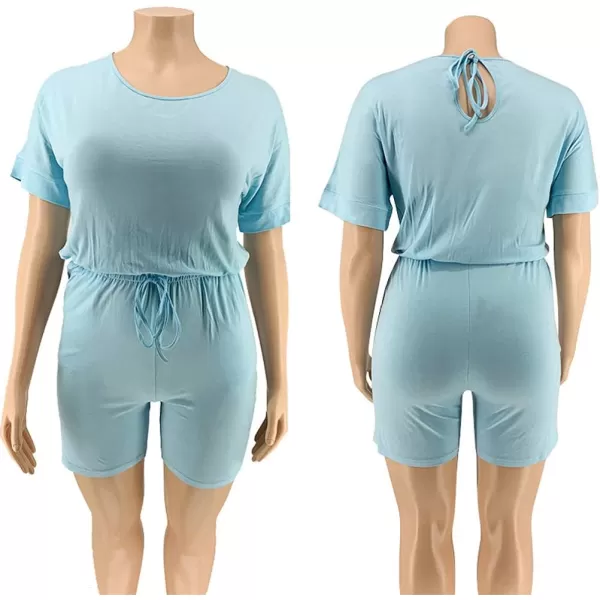 IyMoo Womens Plus Size Summer Solid Jumpsuit Casual Loose Short Sleeve Jumpsuit Rompers with Pockets Elastic Waist PlaysuitBlue