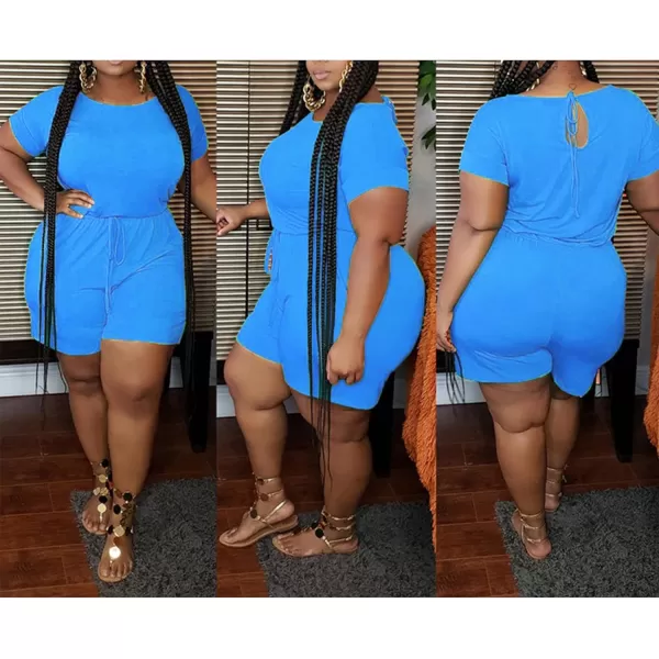 IyMoo Womens Plus Size Summer Solid Jumpsuit Casual Loose Short Sleeve Jumpsuit Rompers with Pockets Elastic Waist PlaysuitBlue Solid