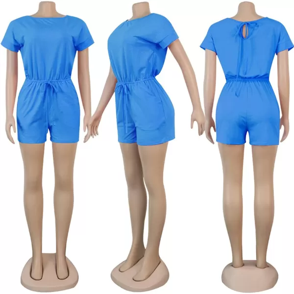 IyMoo Womens Plus Size Summer Solid Jumpsuit Casual Loose Short Sleeve Jumpsuit Rompers with Pockets Elastic Waist PlaysuitBlue Solid