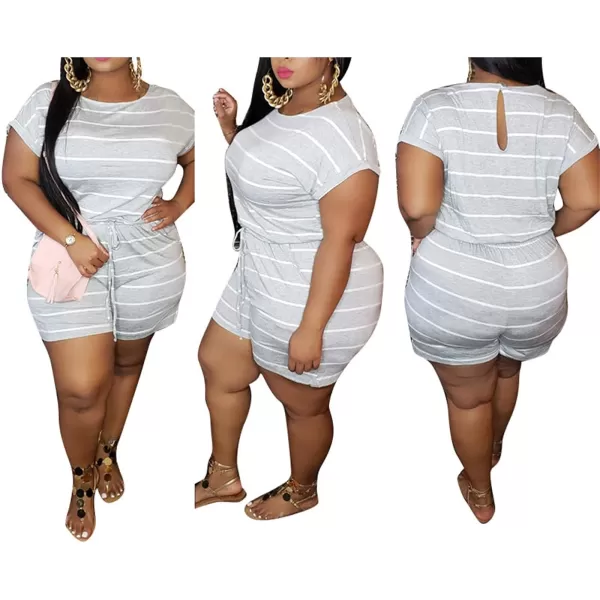 IyMoo Womens Plus Size Summer Solid Jumpsuit Casual Loose Short Sleeve Jumpsuit Rompers with Pockets Elastic Waist PlaysuitLight Gray Striped