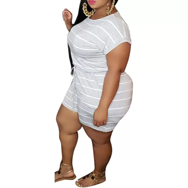 IyMoo Womens Plus Size Summer Solid Jumpsuit Casual Loose Short Sleeve Jumpsuit Rompers with Pockets Elastic Waist PlaysuitLight Gray Striped