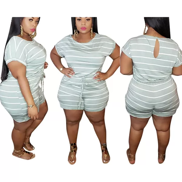 IyMoo Womens Plus Size Summer Solid Jumpsuit Casual Loose Short Sleeve Jumpsuit Rompers with Pockets Elastic Waist PlaysuitLight Green Striped