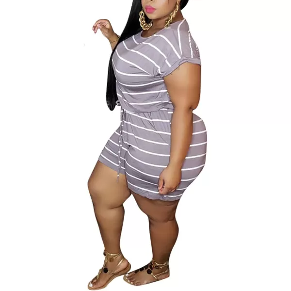 IyMoo Womens Plus Size Summer Solid Jumpsuit Casual Loose Short Sleeve Jumpsuit Rompers with Pockets Elastic Waist PlaysuitLight Purple Striped