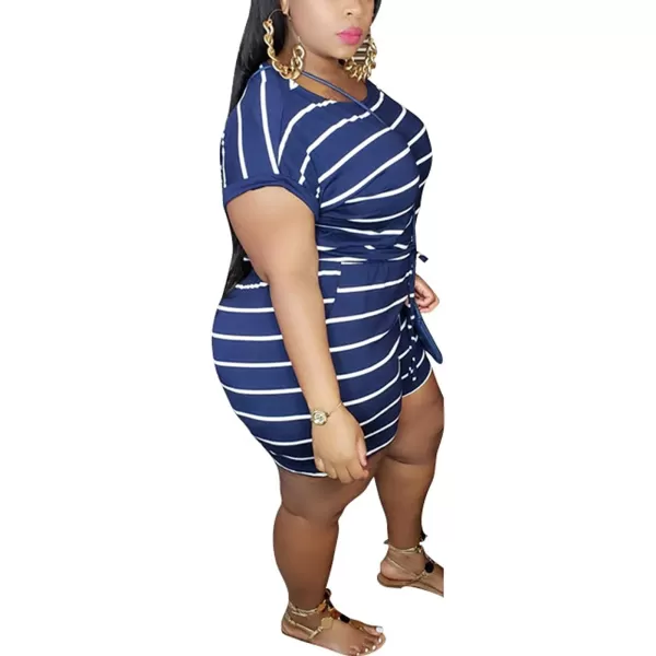 IyMoo Womens Plus Size Summer Solid Jumpsuit Casual Loose Short Sleeve Jumpsuit Rompers with Pockets Elastic Waist PlaysuitNavy Blue Striped