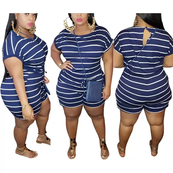 IyMoo Womens Plus Size Summer Solid Jumpsuit Casual Loose Short Sleeve Jumpsuit Rompers with Pockets Elastic Waist PlaysuitNavy Blue Striped
