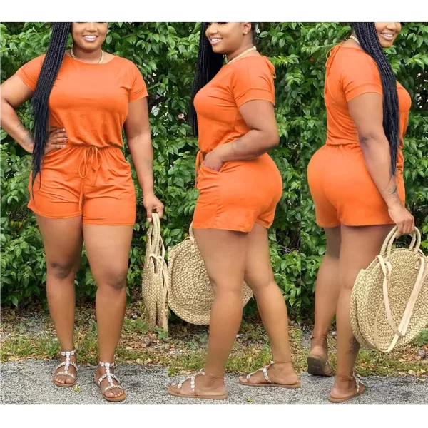 IyMoo Womens Plus Size Summer Solid Jumpsuit Casual Loose Short Sleeve Jumpsuit Rompers with Pockets Elastic Waist PlaysuitOrange Solid