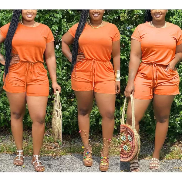 IyMoo Womens Plus Size Summer Solid Jumpsuit Casual Loose Short Sleeve Jumpsuit Rompers with Pockets Elastic Waist PlaysuitOrange Solid