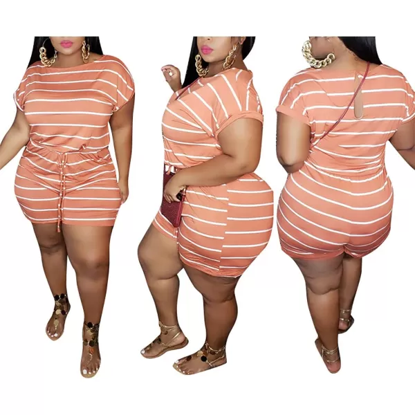 IyMoo Womens Plus Size Summer Solid Jumpsuit Casual Loose Short Sleeve Jumpsuit Rompers with Pockets Elastic Waist PlaysuitOrange Striped