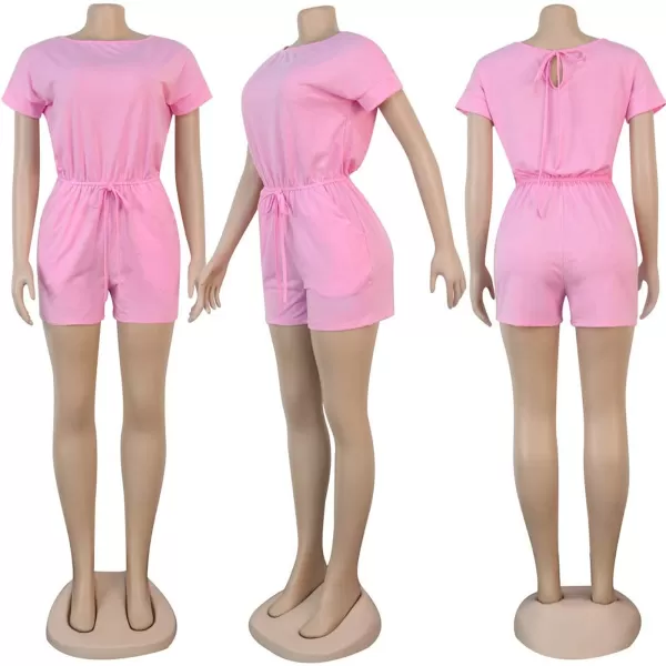 IyMoo Womens Plus Size Summer Solid Jumpsuit Casual Loose Short Sleeve Jumpsuit Rompers with Pockets Elastic Waist PlaysuitPink Solid
