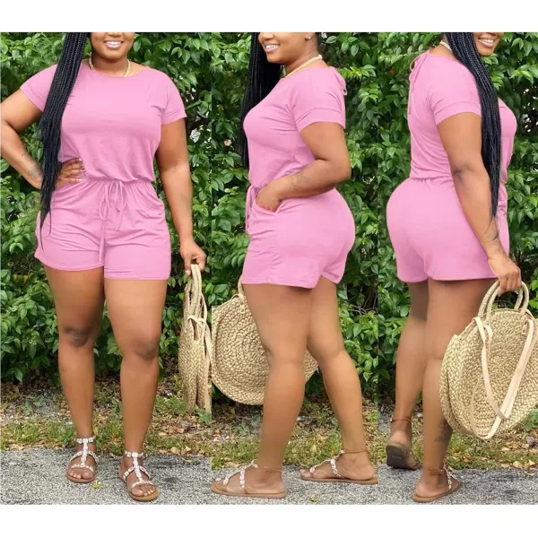 IyMoo Womens Plus Size Summer Solid Jumpsuit Casual Loose Short Sleeve Jumpsuit Rompers with Pockets Elastic Waist PlaysuitPink Solid