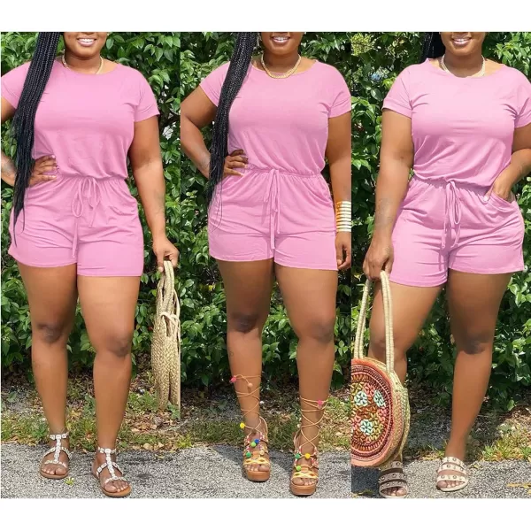 IyMoo Womens Plus Size Summer Solid Jumpsuit Casual Loose Short Sleeve Jumpsuit Rompers with Pockets Elastic Waist PlaysuitPink Solid