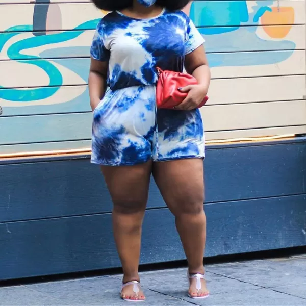 IyMoo Womens Plus Size Summer Solid Jumpsuit Casual Loose Short Sleeve Jumpsuit Rompers with Pockets Elastic Waist PlaysuitTie Dye Dark Blue