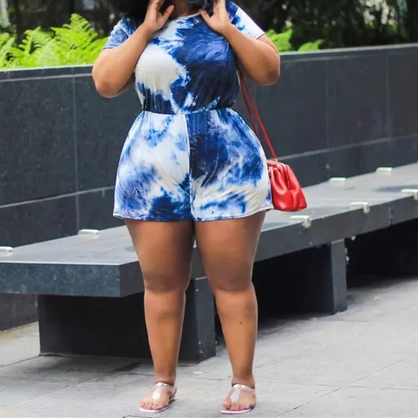 IyMoo Womens Plus Size Summer Solid Jumpsuit Casual Loose Short Sleeve Jumpsuit Rompers with Pockets Elastic Waist PlaysuitTie Dye Dark Blue